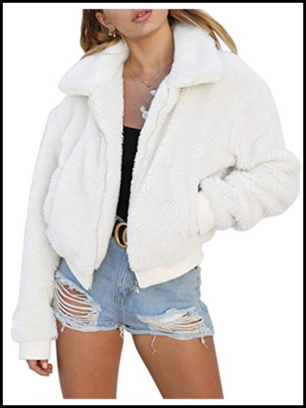 Women's Short Faux Fur Coat Casual Shaggy Jacket Zip-Up Fluffy Winter Outwear